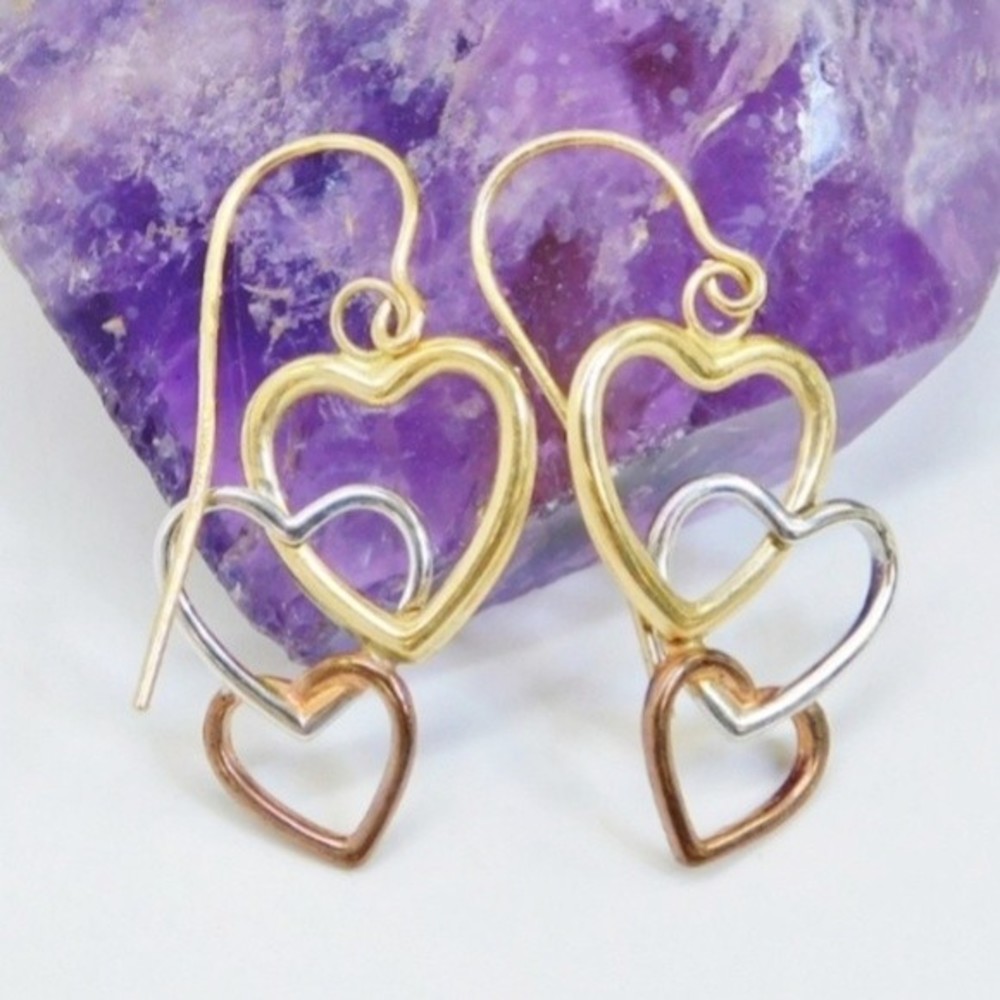 10k Solid Gold Open Hearts Dangle Drop Earrings Y… - image 1